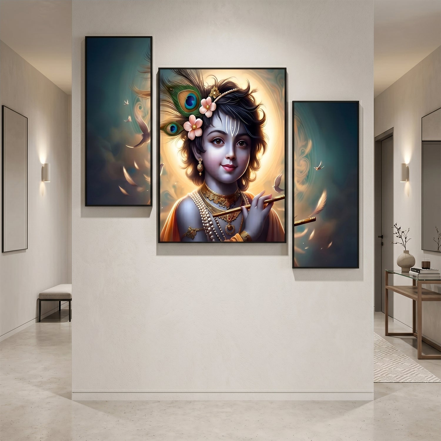 Divine Krishna flute wall art with vivid colors.