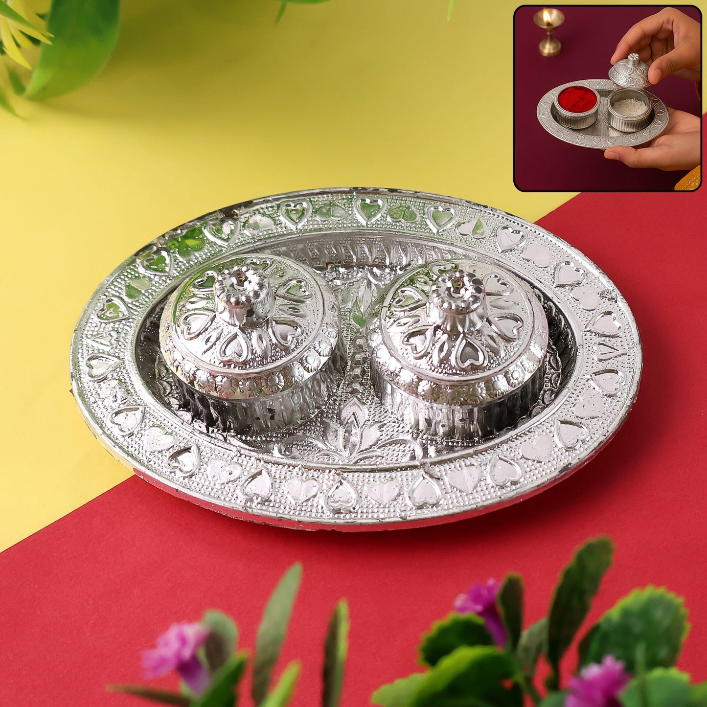 Oval shape puja thali with kumkum holders for traditional rituals