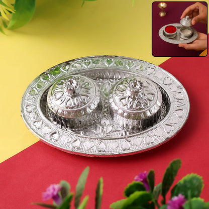 Oval shape puja thali with kumkum holders for traditional rituals