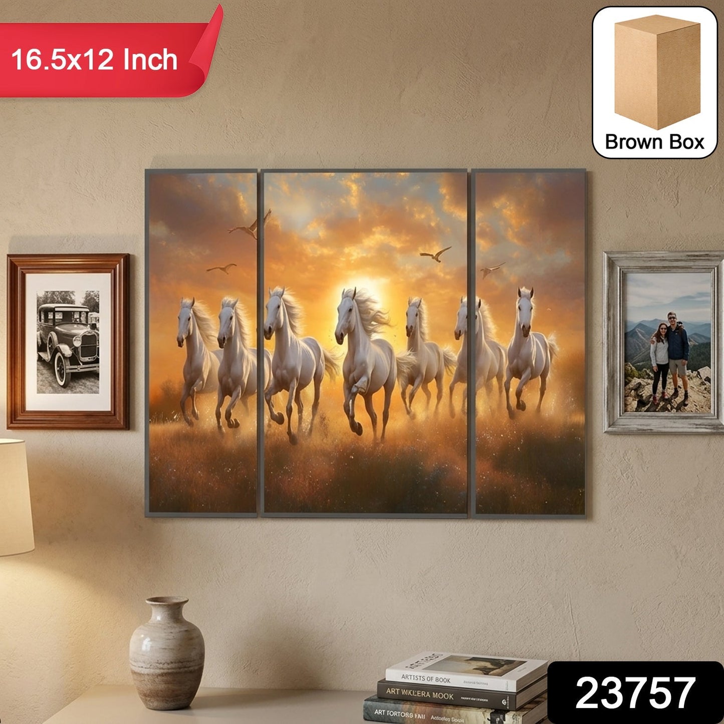 Sunset horses MDF wall art with vibrant colours for living room decor