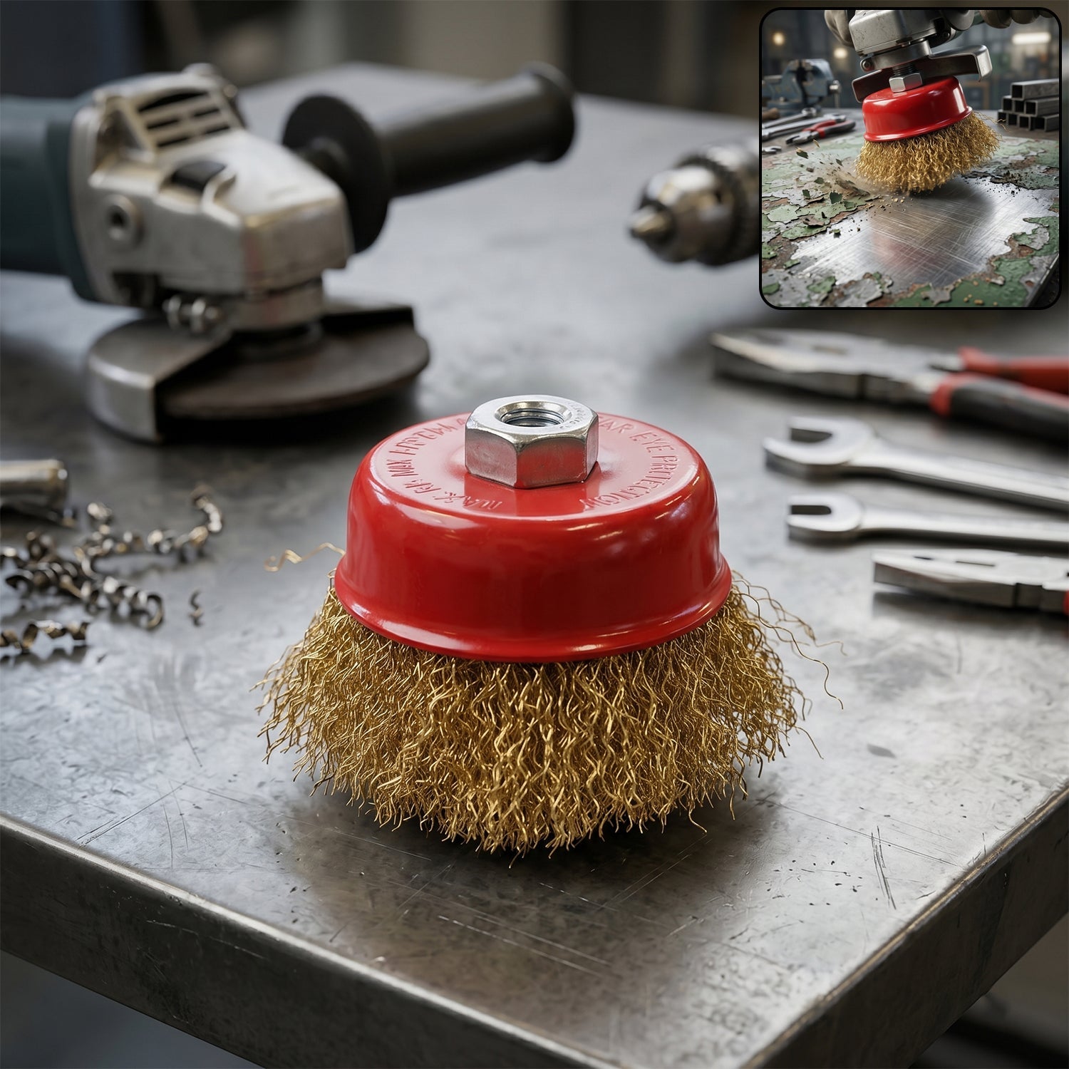 Heavy duty gold wire cup brush for rust removal and polishing