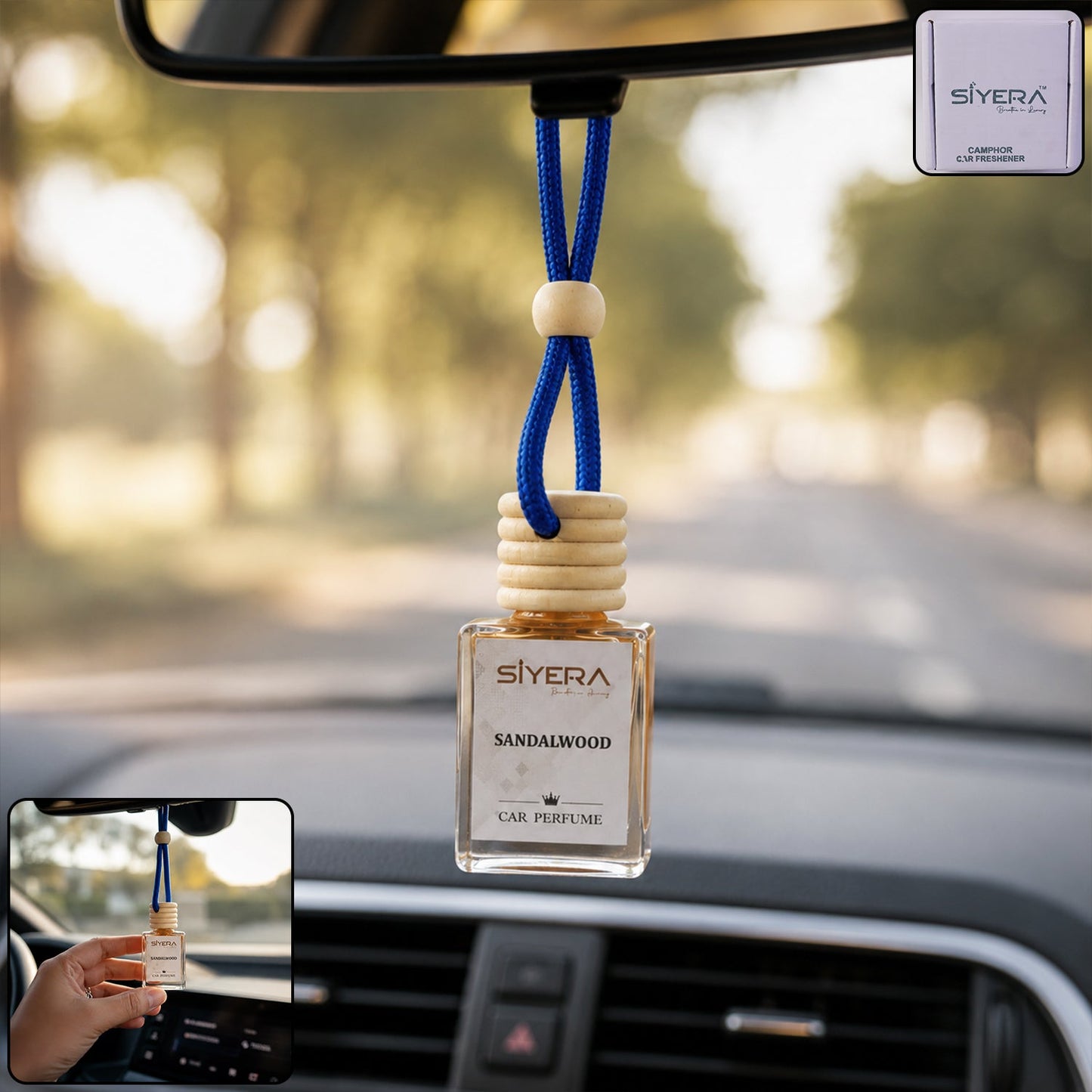 Siyera Sandalwood Car Perfume hanging from a rearview mirror, enhancing the car interior.