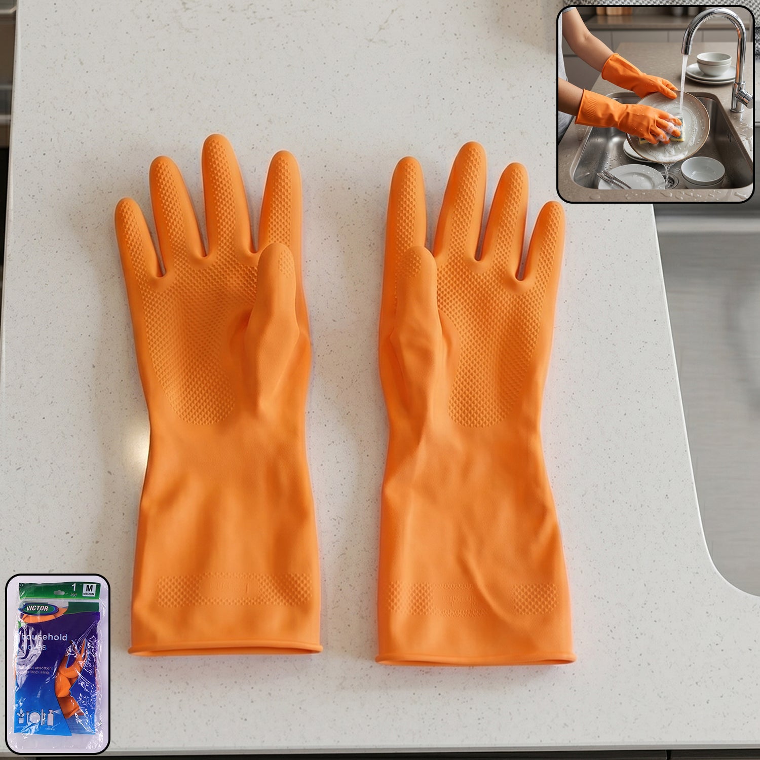 Waterproof rubber gloves in bright orange for household cleaning