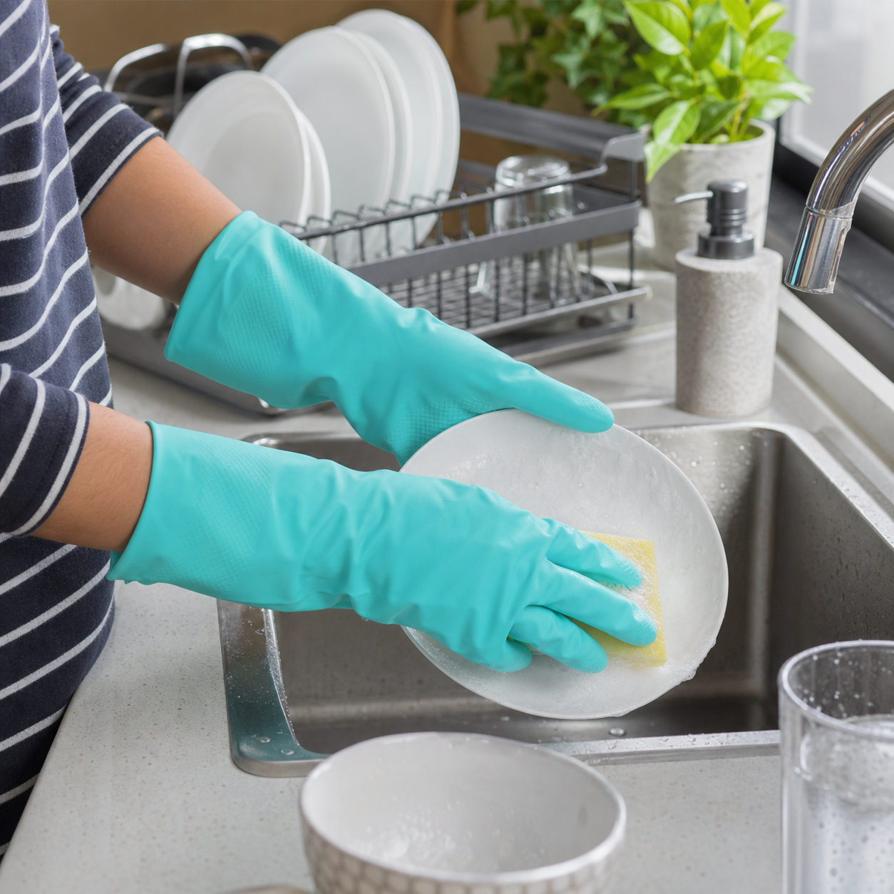 Kitchen cleaning with green rubber gloves