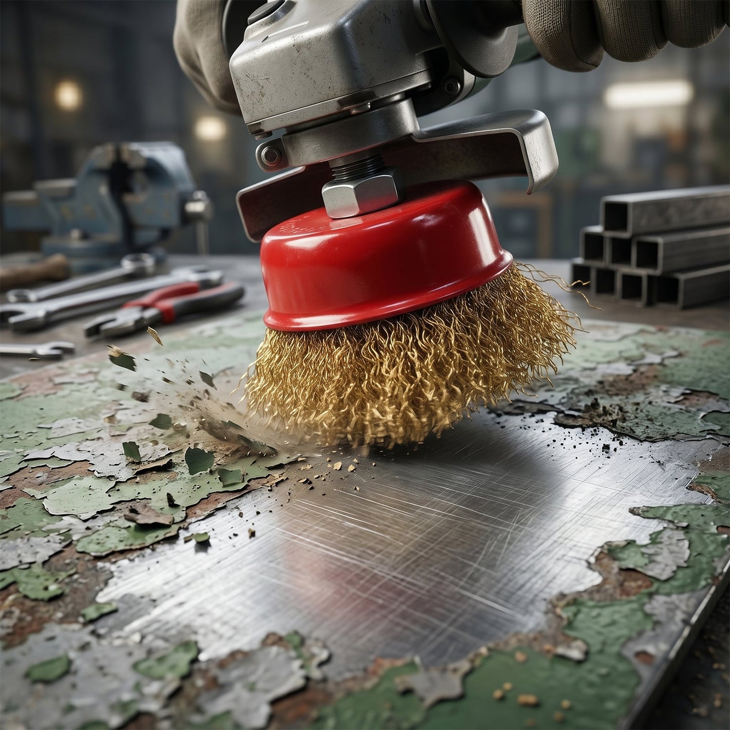 Wire brush cleaning rust from metal surface