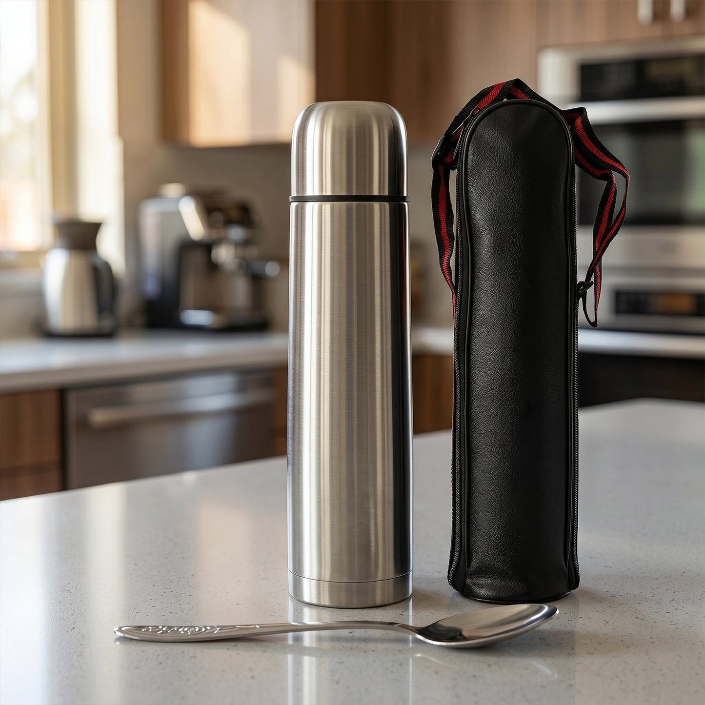 Hot and cold vacuum flask with carry bag and spoon for portability