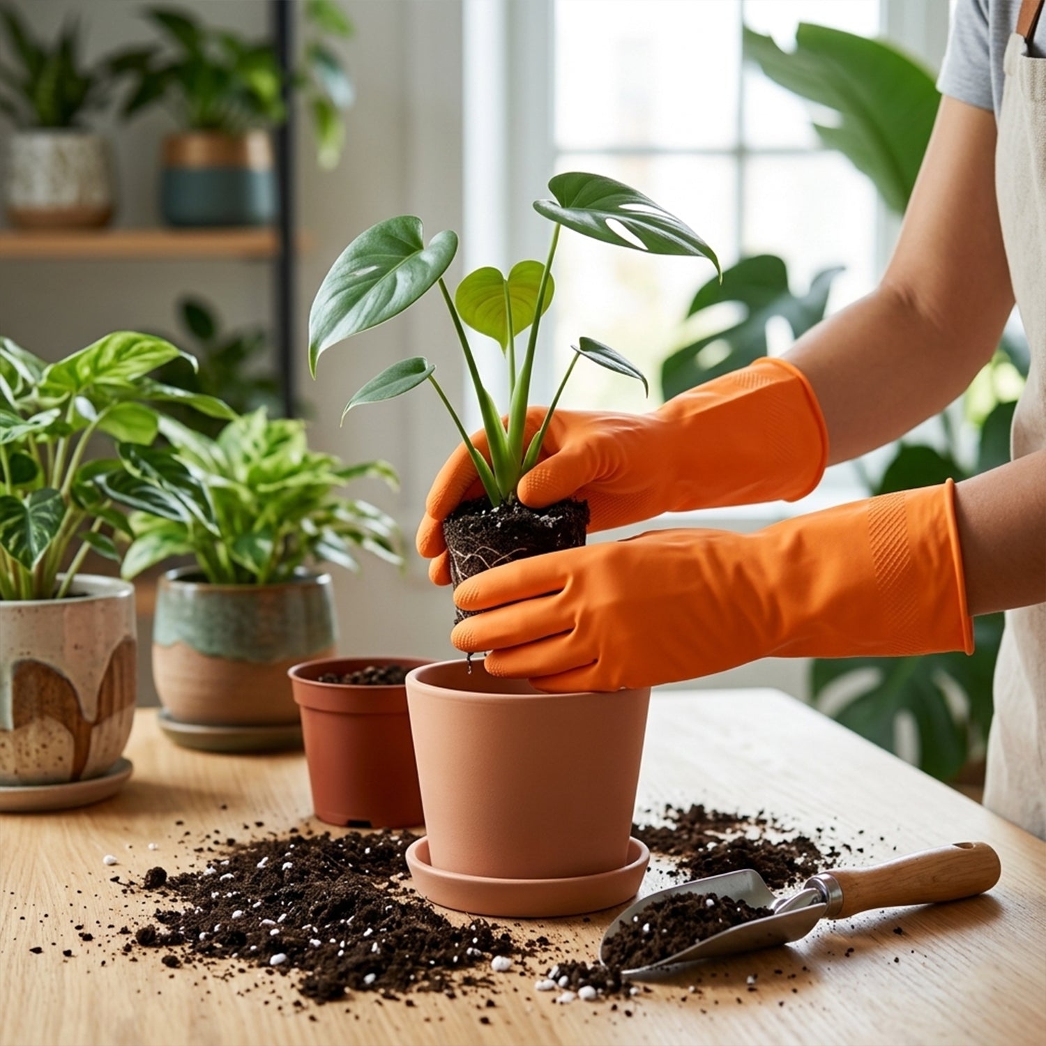 Kitchen cleaning with waterproof orange rubber gloves