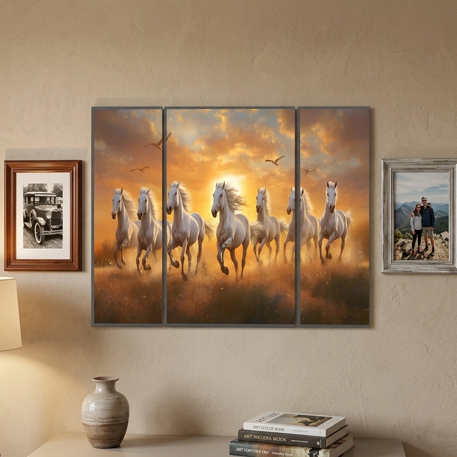Vibrant horses sunset 3 panel MDF wall art decor in a stylish home