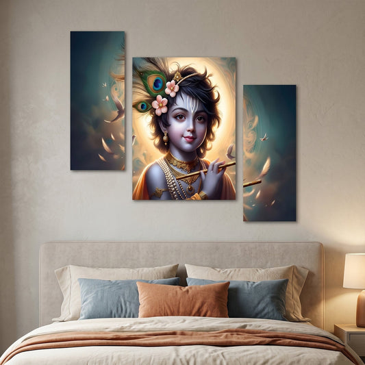 Three-panel Krishna flute wall art in vibrant colors.