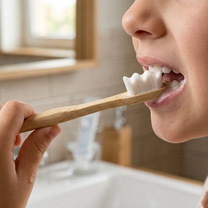 Natural wooden toothbrush showing soft bristle head