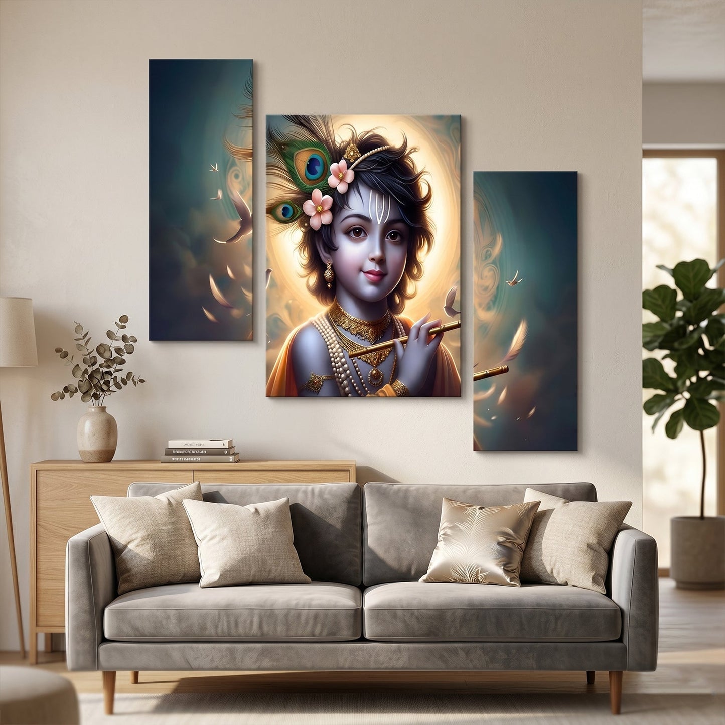 Spiritual Krishna flute wall decor for meditation space.