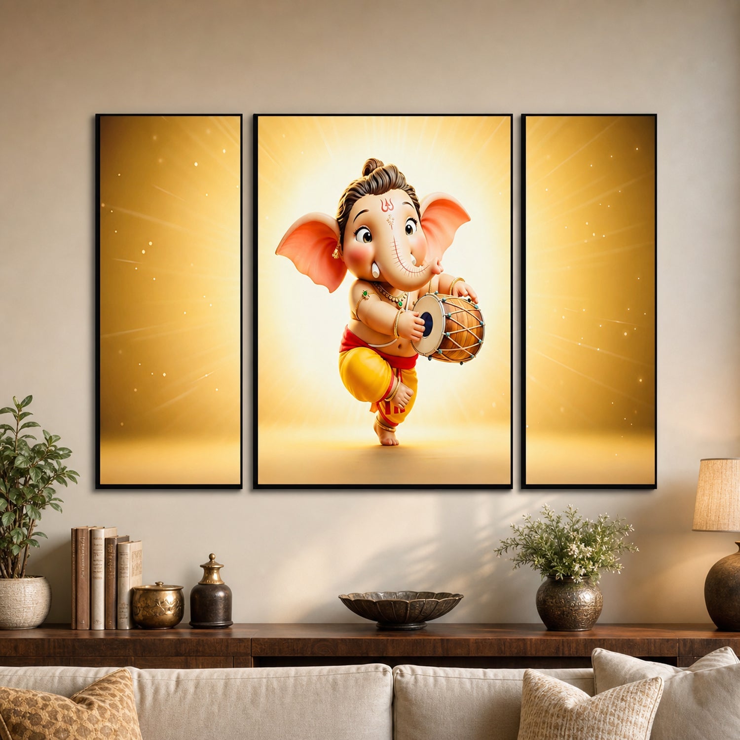 MDF Ganesha artwork in a stylish three-panel frame