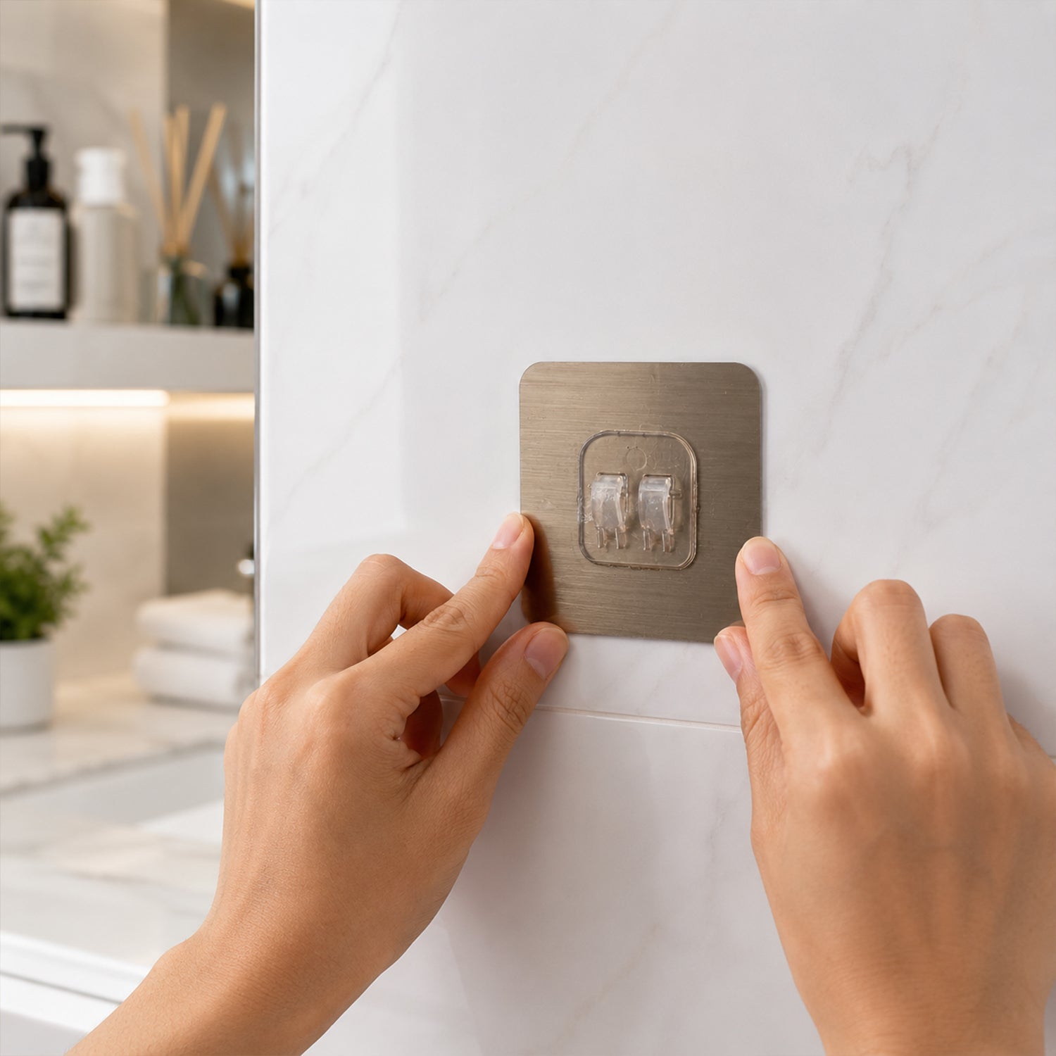 Self-adhesive plastic hook for organizing spaces