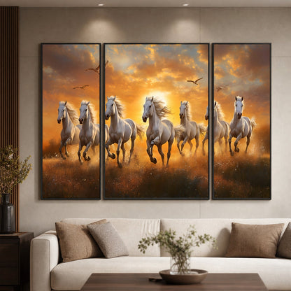 Living room modern decor with 3-panel sunset horse MDF art