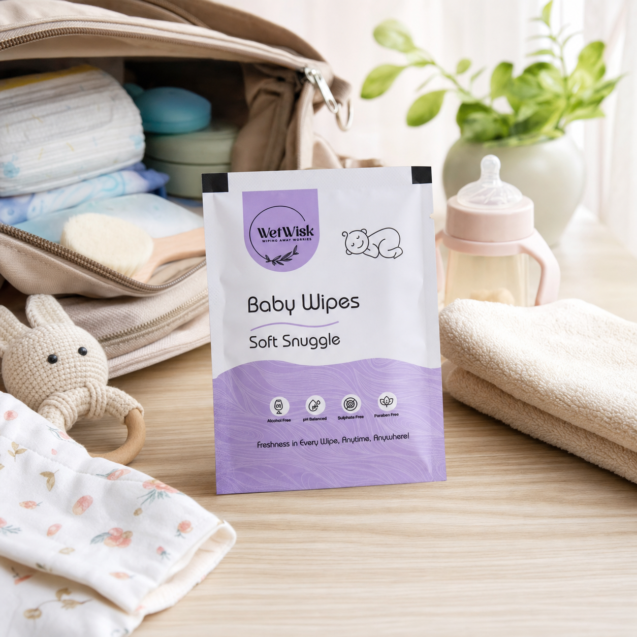 Baby wipes in travel bag, convenient for on-the-go hygiene
