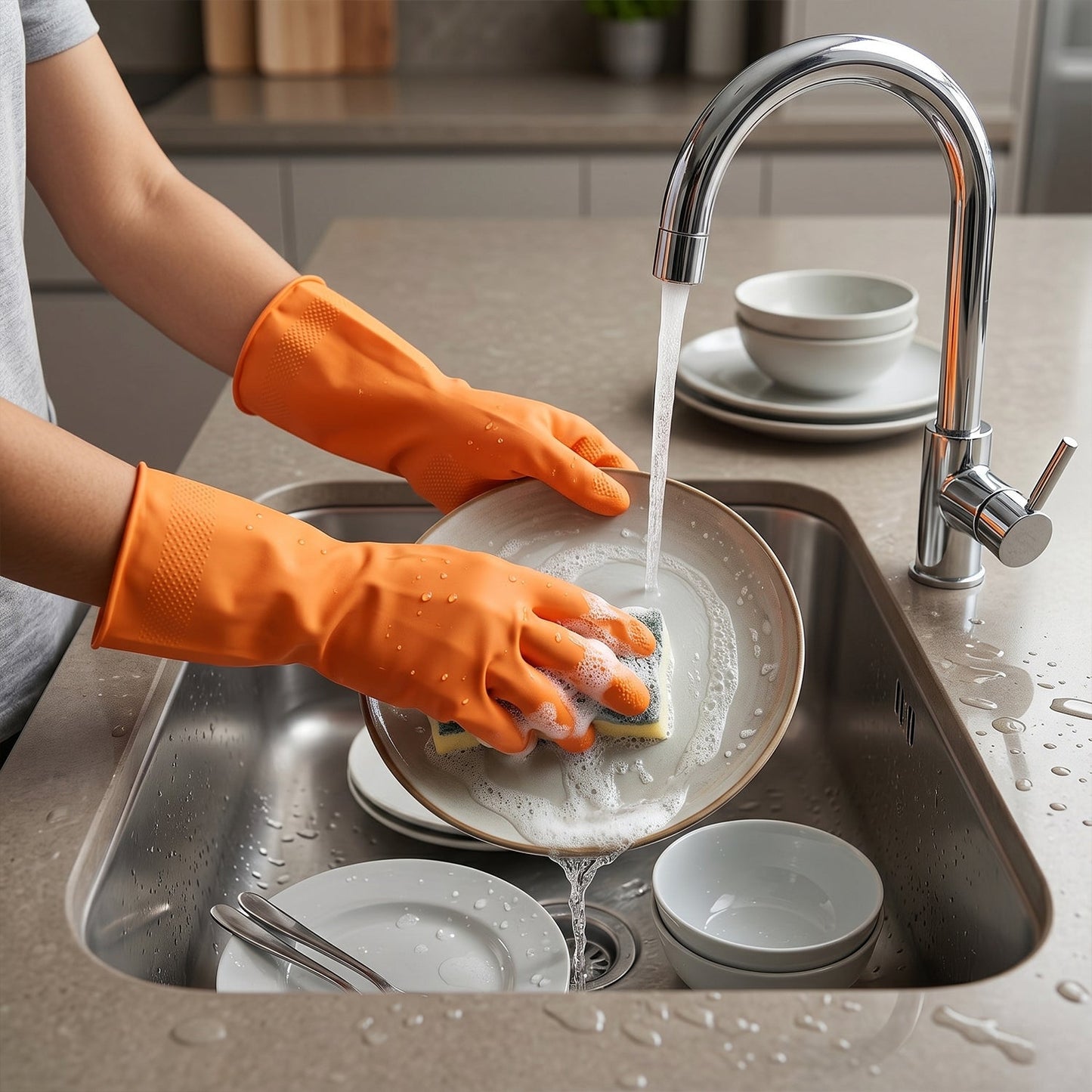 Orange gloves used for kitchen cleaning tasks