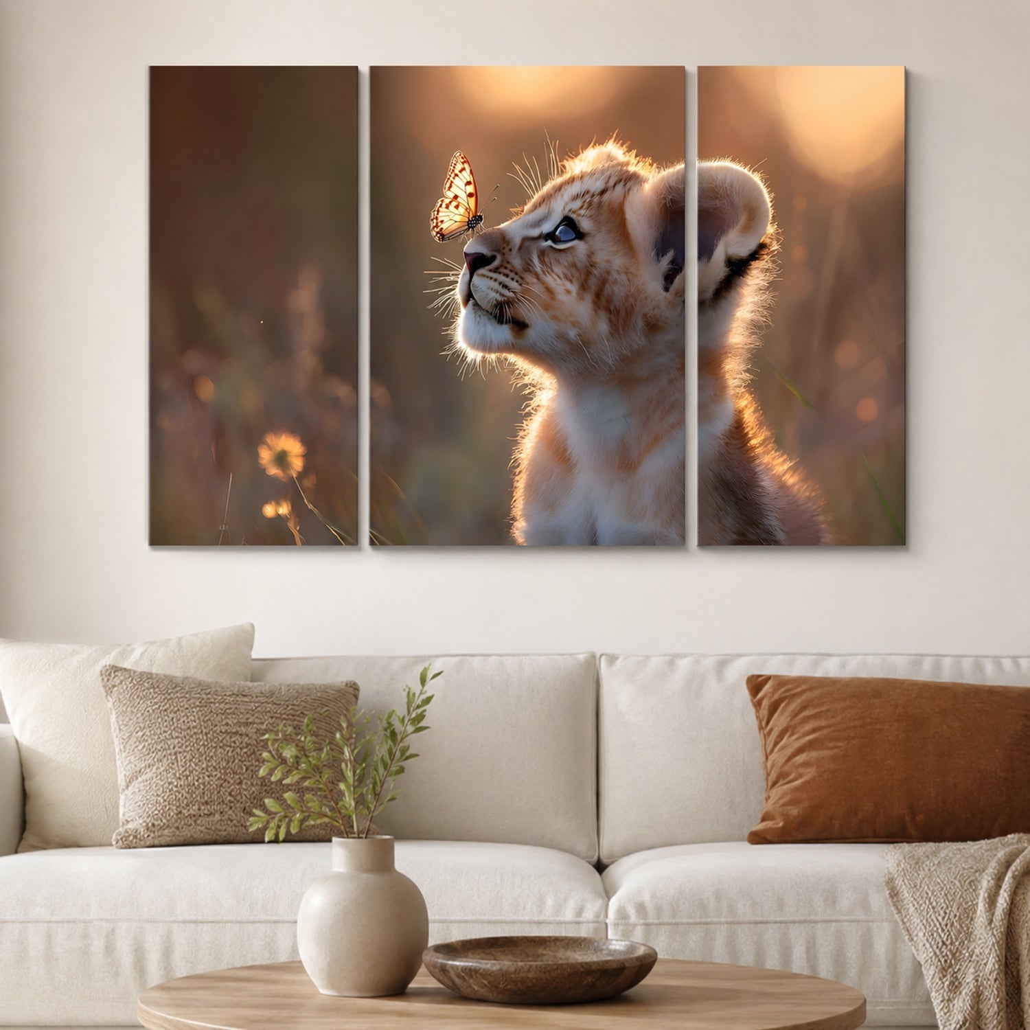 Three-panel wildlife wall art featuring lion cubs for home decor