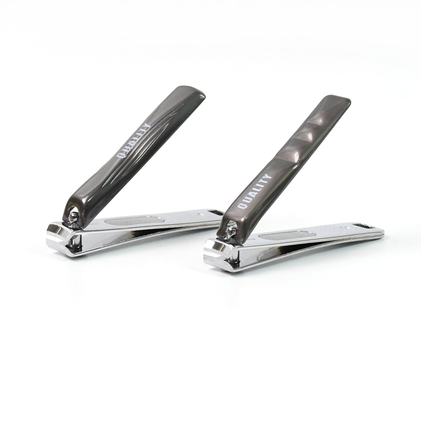 Top view of stainless steel nail clippers on white background