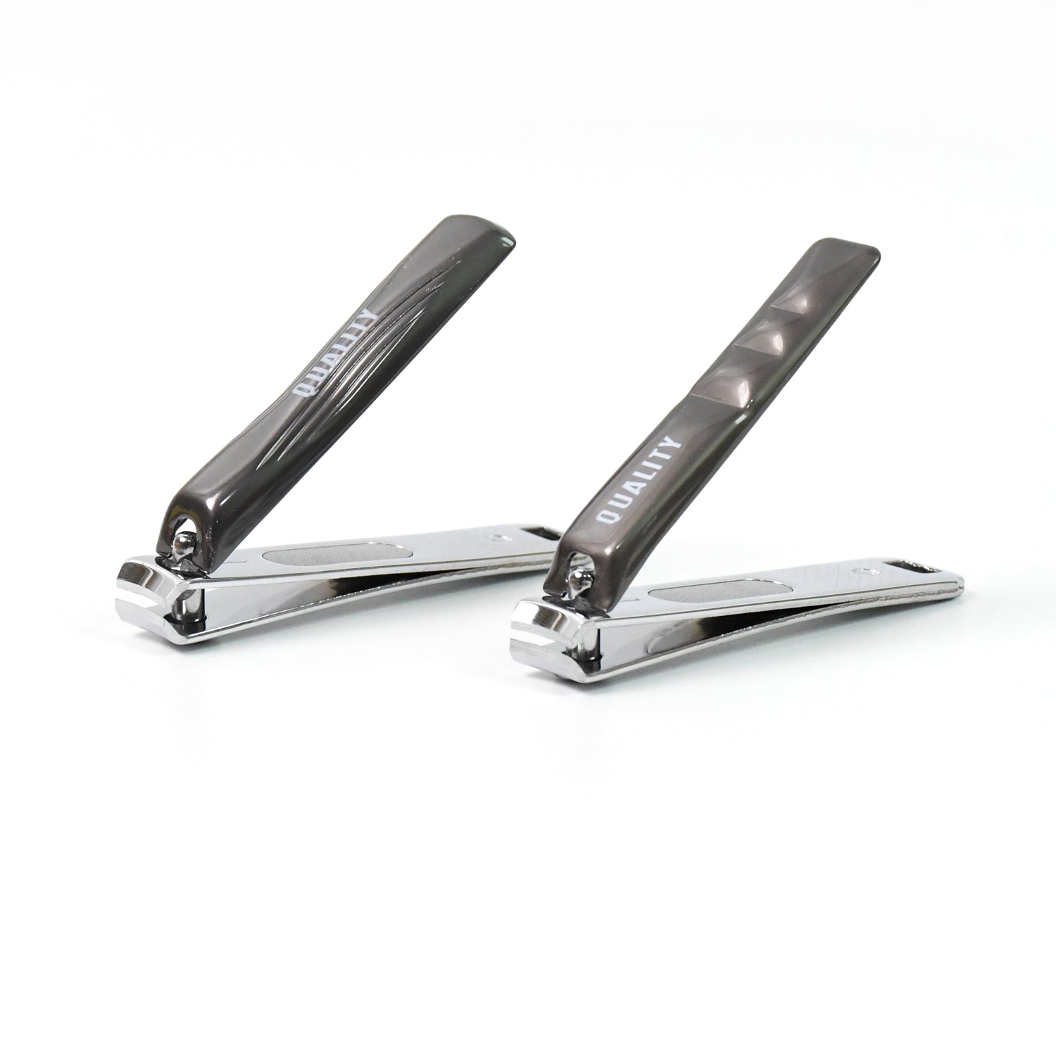 Top view of stainless steel nail clippers on white background