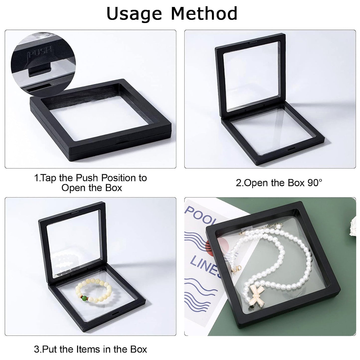 Jewellery pieces beautifully displayed in transparent floating box
