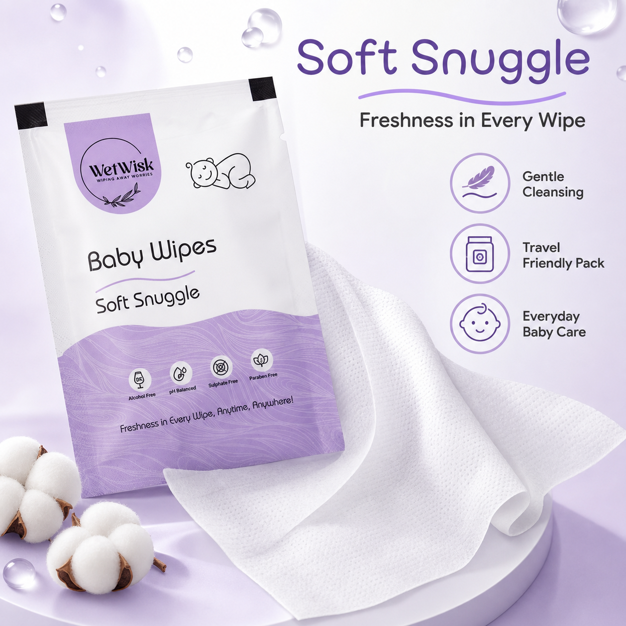 Features of Soft Snuggles baby wipes with gentle formula