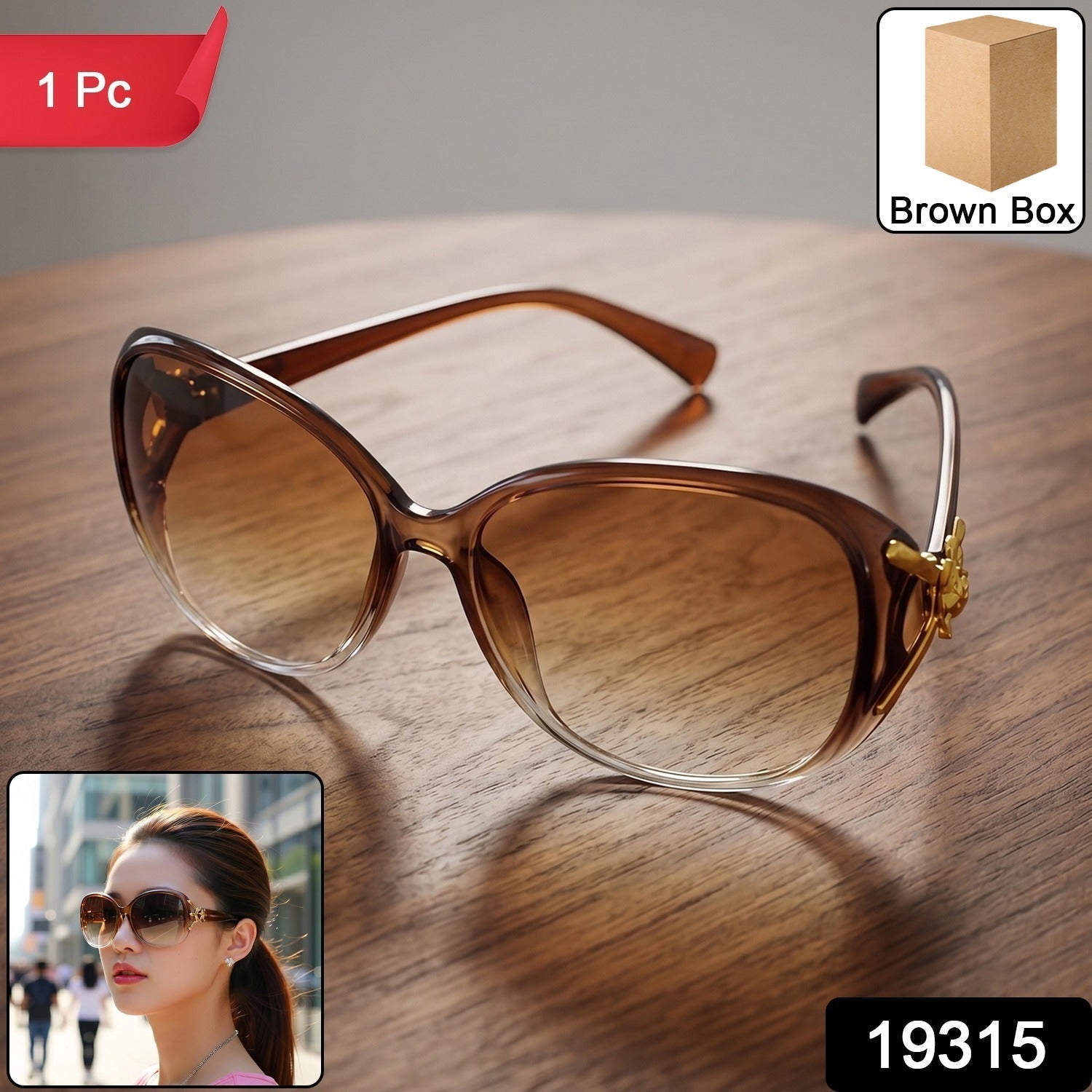 Trendy oversized sunglasses with gradient tinted lenses displayed on a woman.