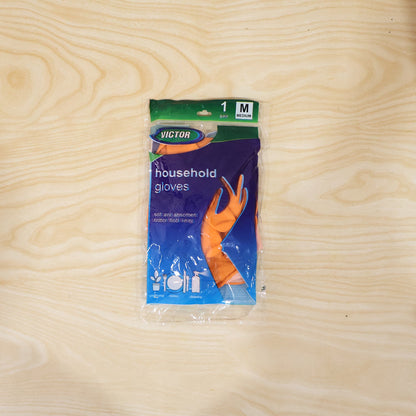 Medium orange gloves used for dishwashing and cleaning