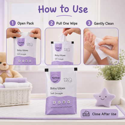Instructions on using Soft Snuggles baby wipes