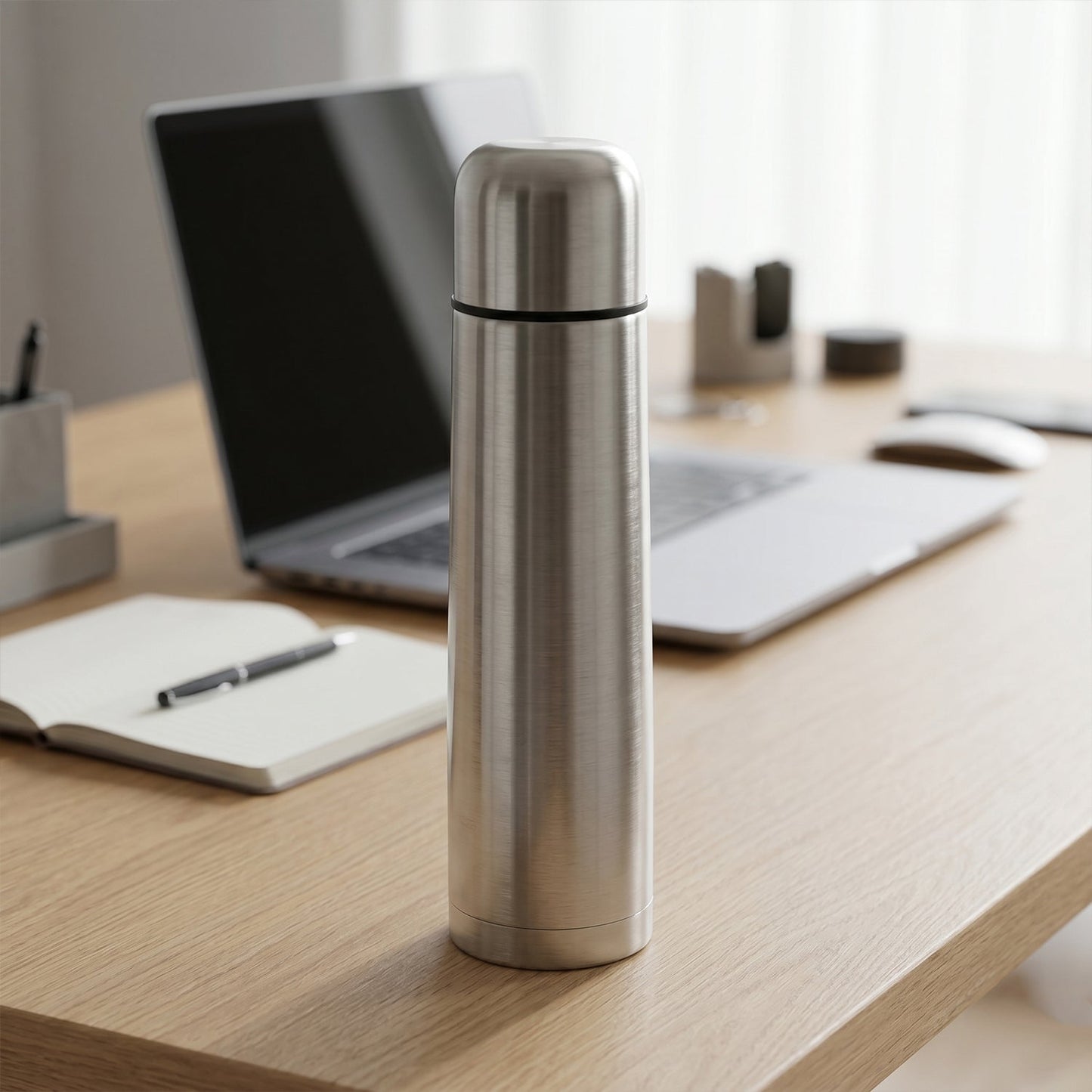 Stainless steel thermos with carry bag, ideal for outdoor trips