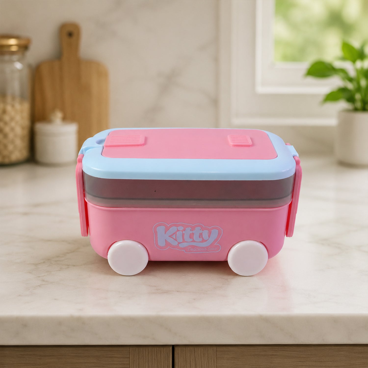 Bright kid-friendly car lunch box with wheels for kids' meals