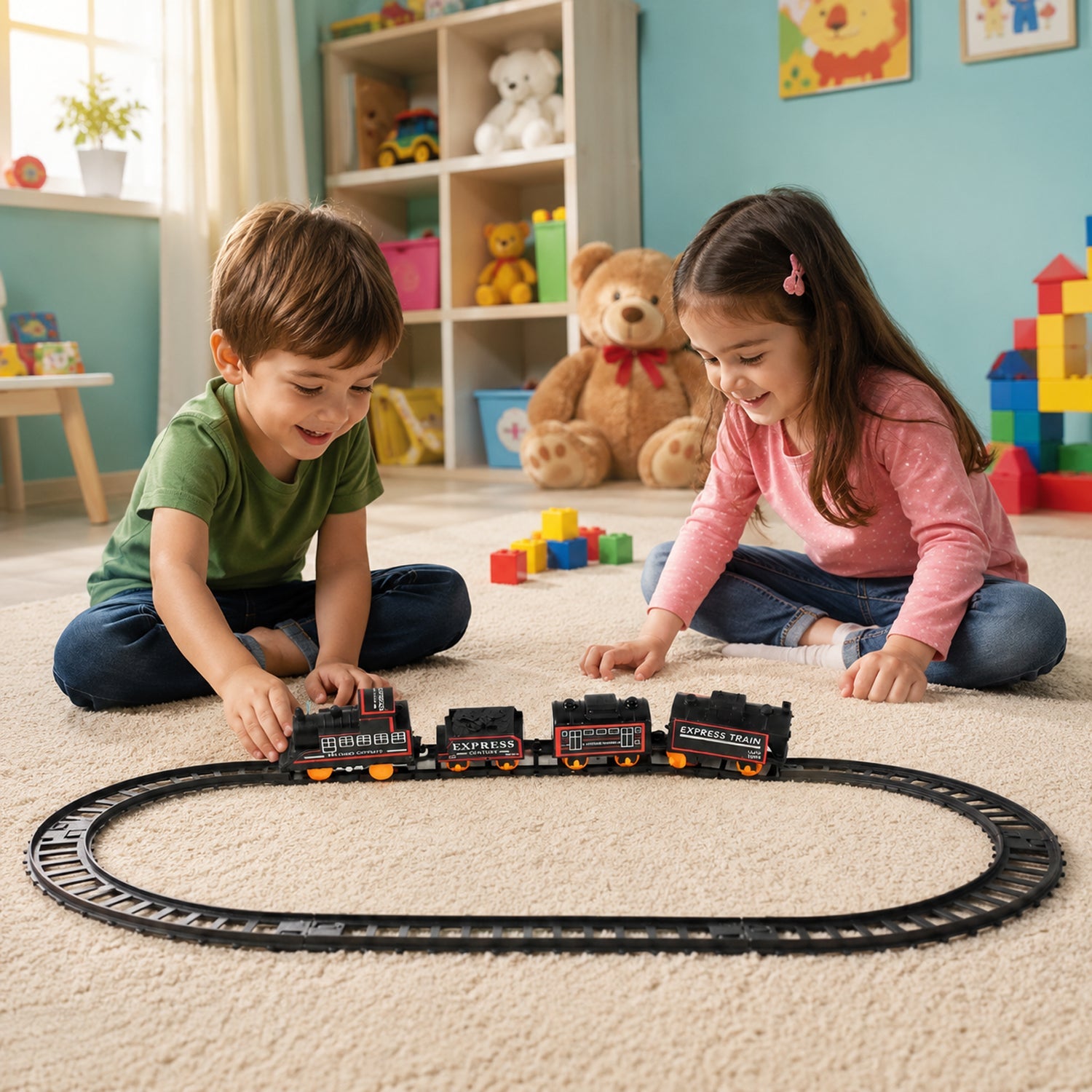 Battery operated electric train track play set with lights and sounds for children
