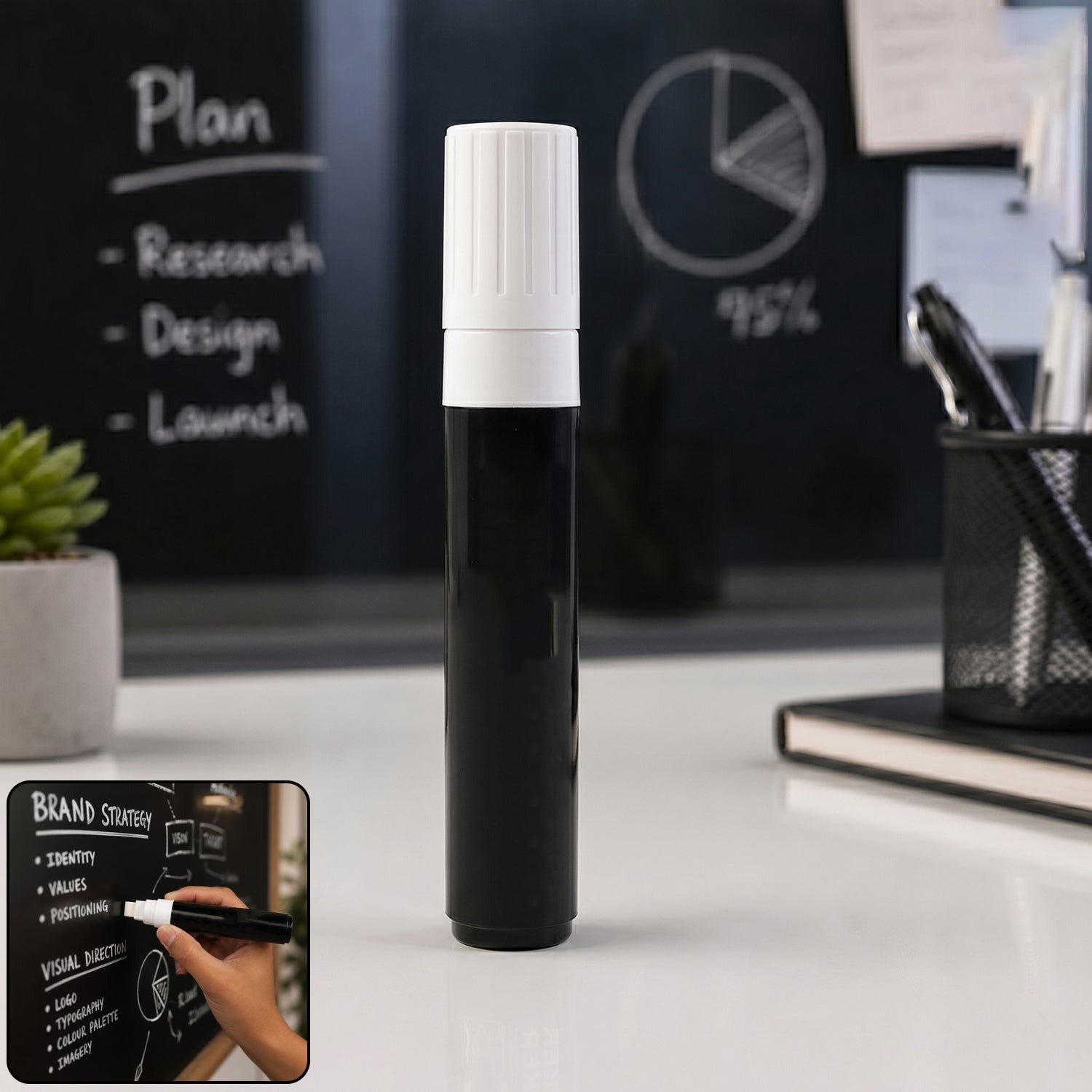 Black chalk marker pen with wide chisel tip for chalkboard and glass writing