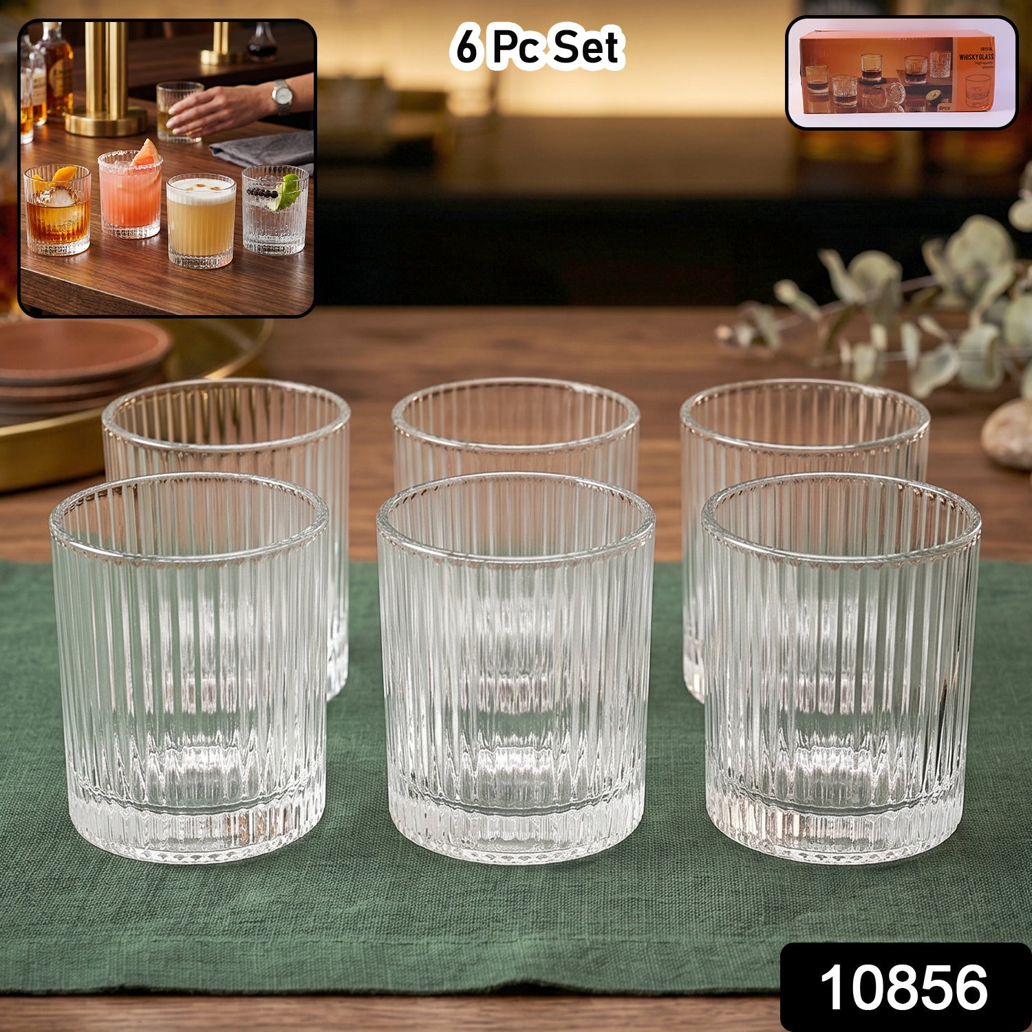 Six premium ribbed crystal glass tumblers for versatile drink options
