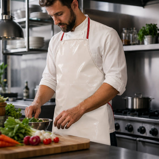 Premium white waterproof kitchen apron showcasing full coverage and adjustable neck strap