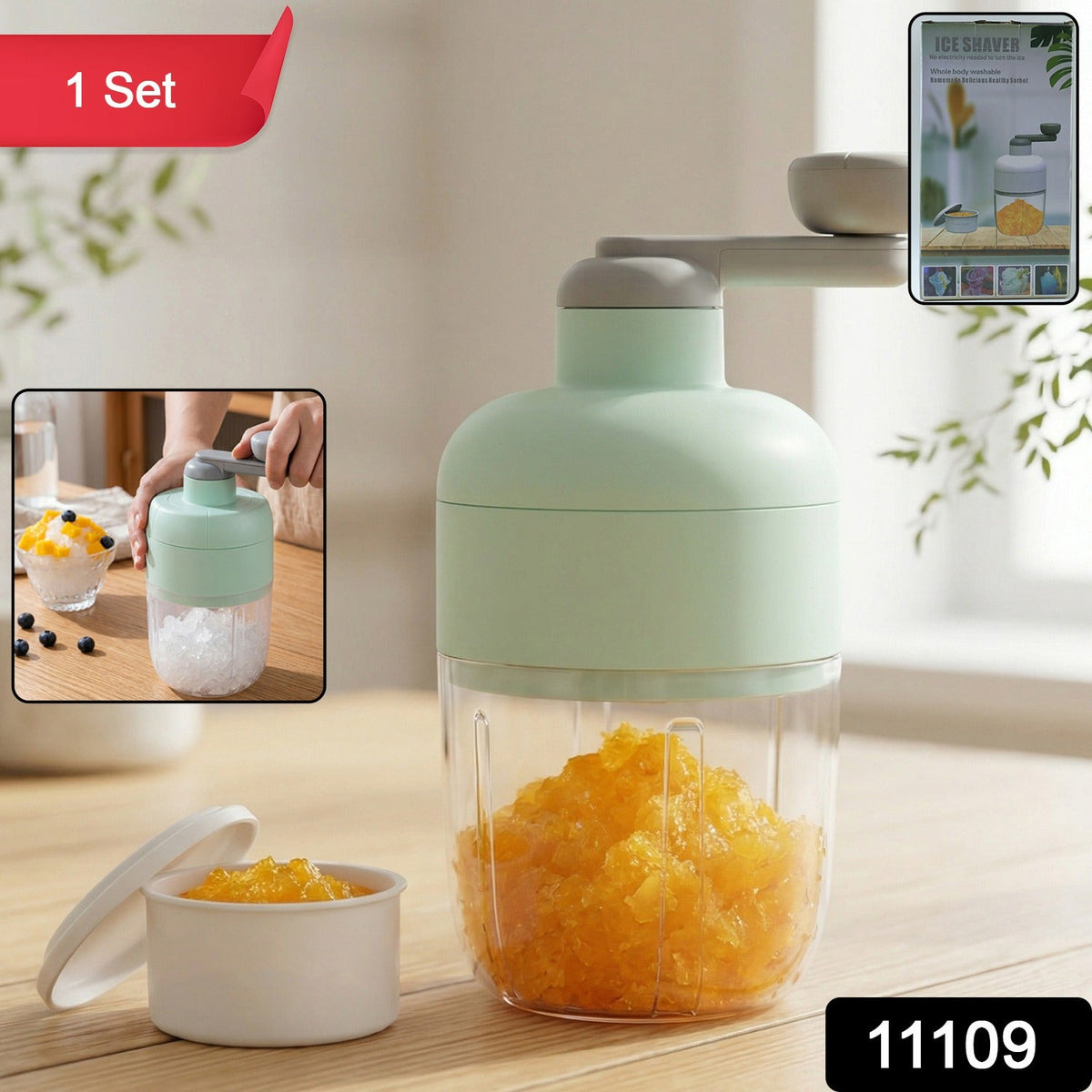 Manual ice crusher with hand crank and transparent container