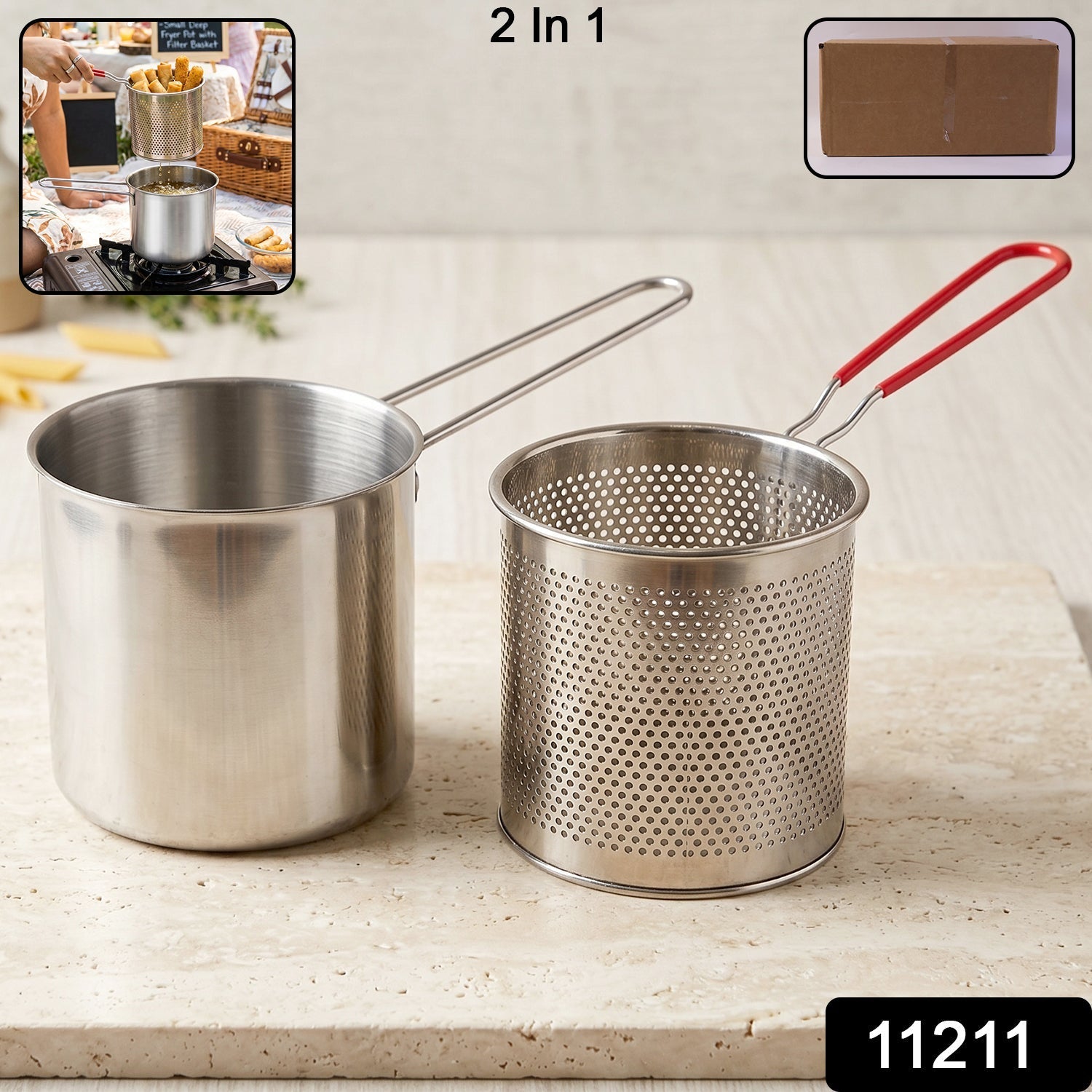 Frying pot with perforated strainer basket for draining excess oil