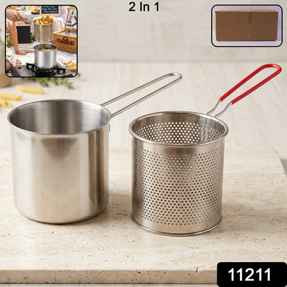 Frying pot with perforated strainer basket for draining excess oil