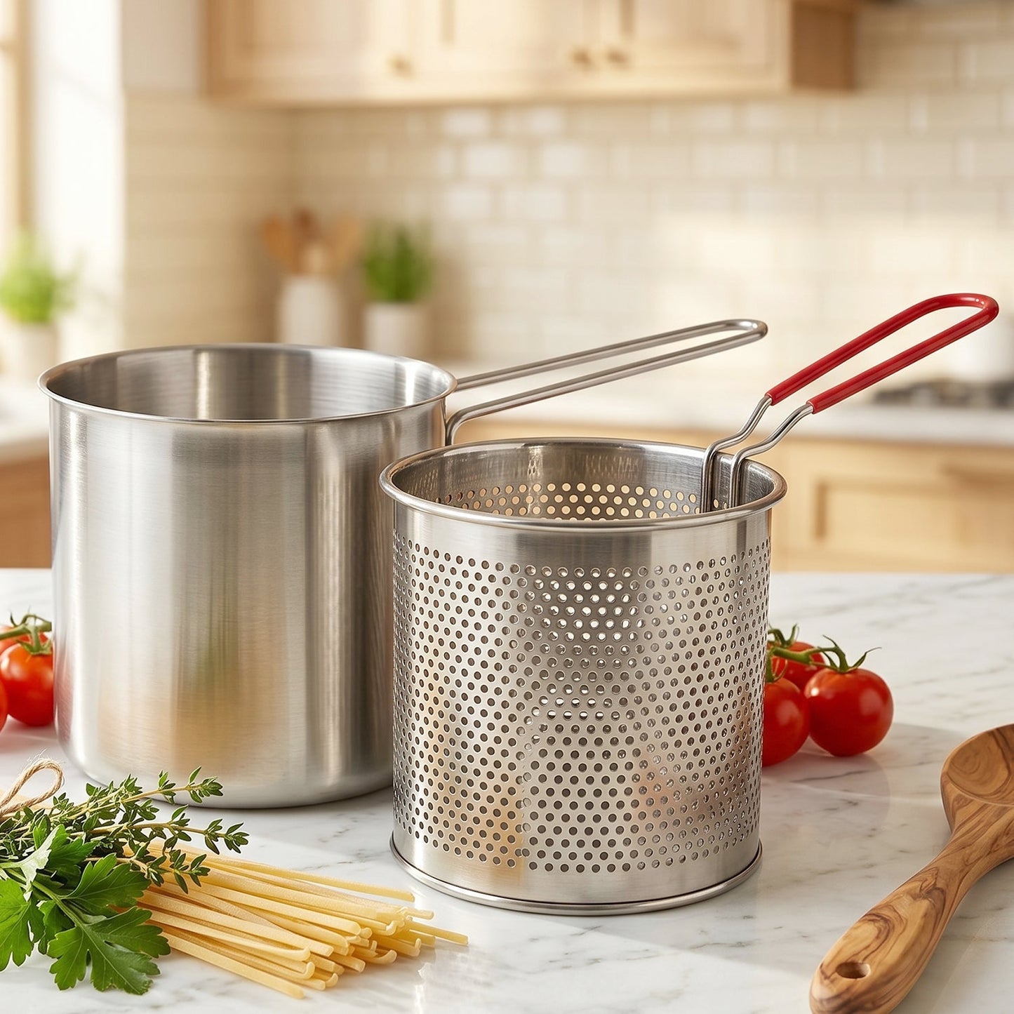 Close-up of stainless steel frying pot with strainer basket detail
