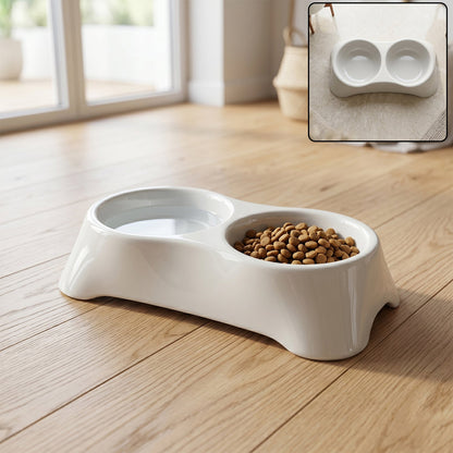 Dual pet food and water feeding tray showing two bowls for dogs and cats
