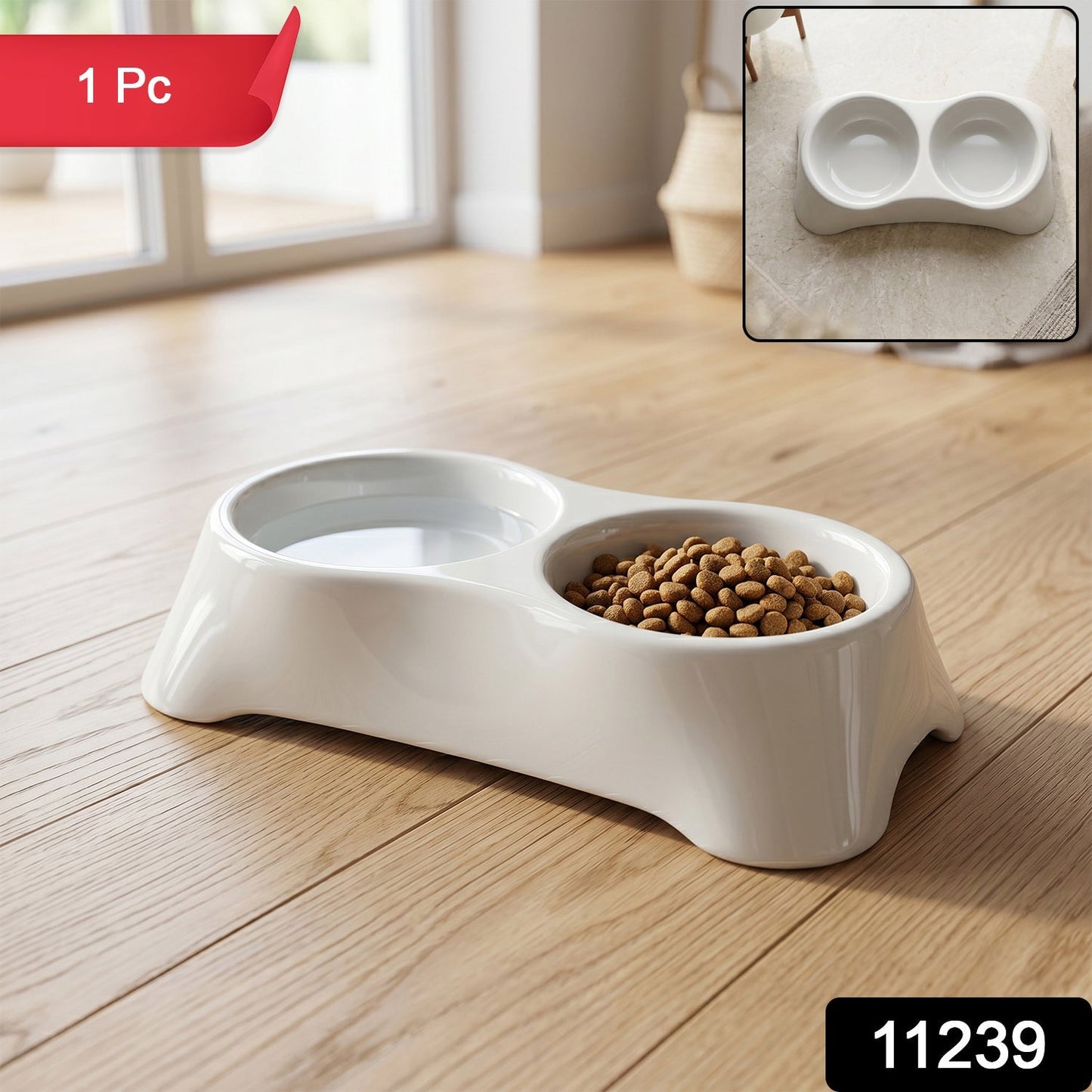 Pet double bowl feeder set made of durable plastic for easy cleaning