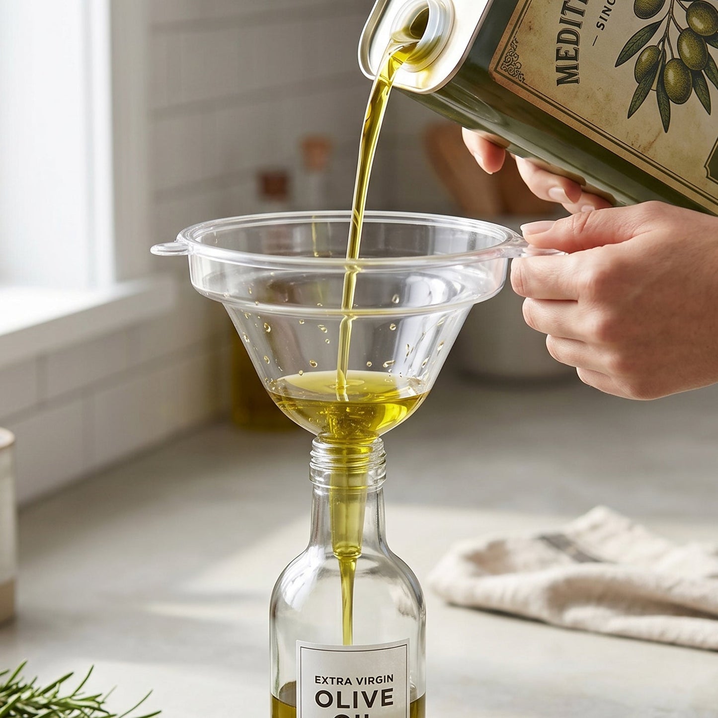 Funnel transferring liquids in kitchen