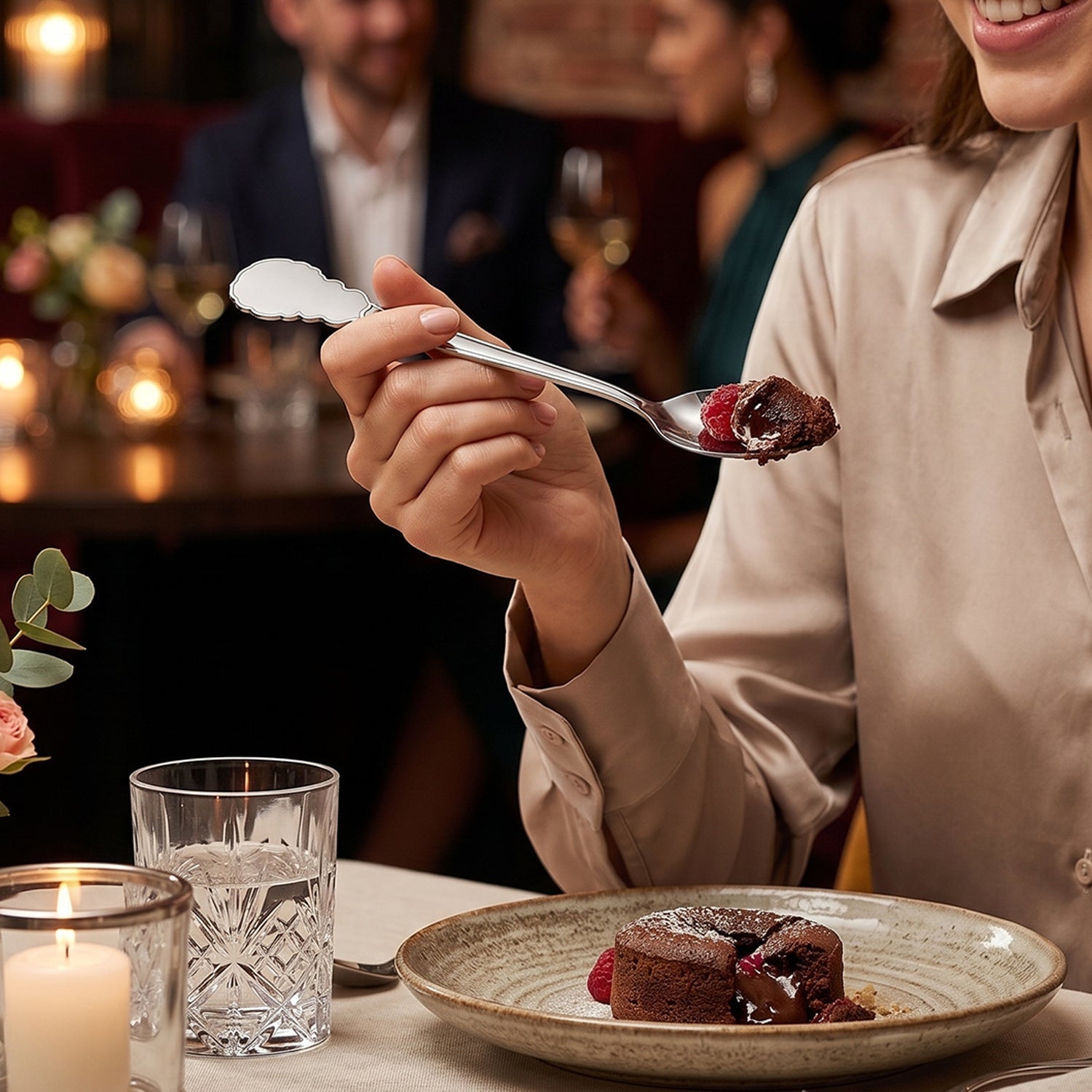 Stainless steel spoon in use during meal at dining table