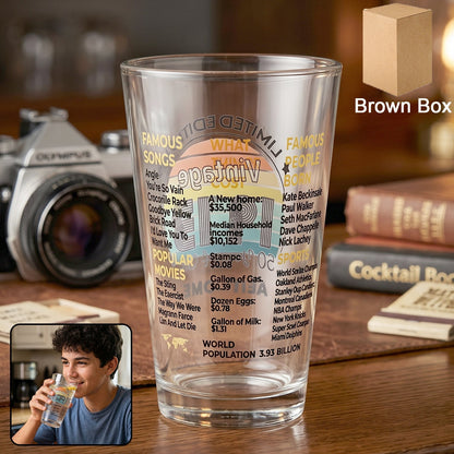 Vintage trivia glass beverage tumbler showing colorful print