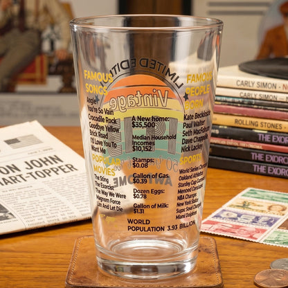 Close-up of printed glass tumbler with trivia design