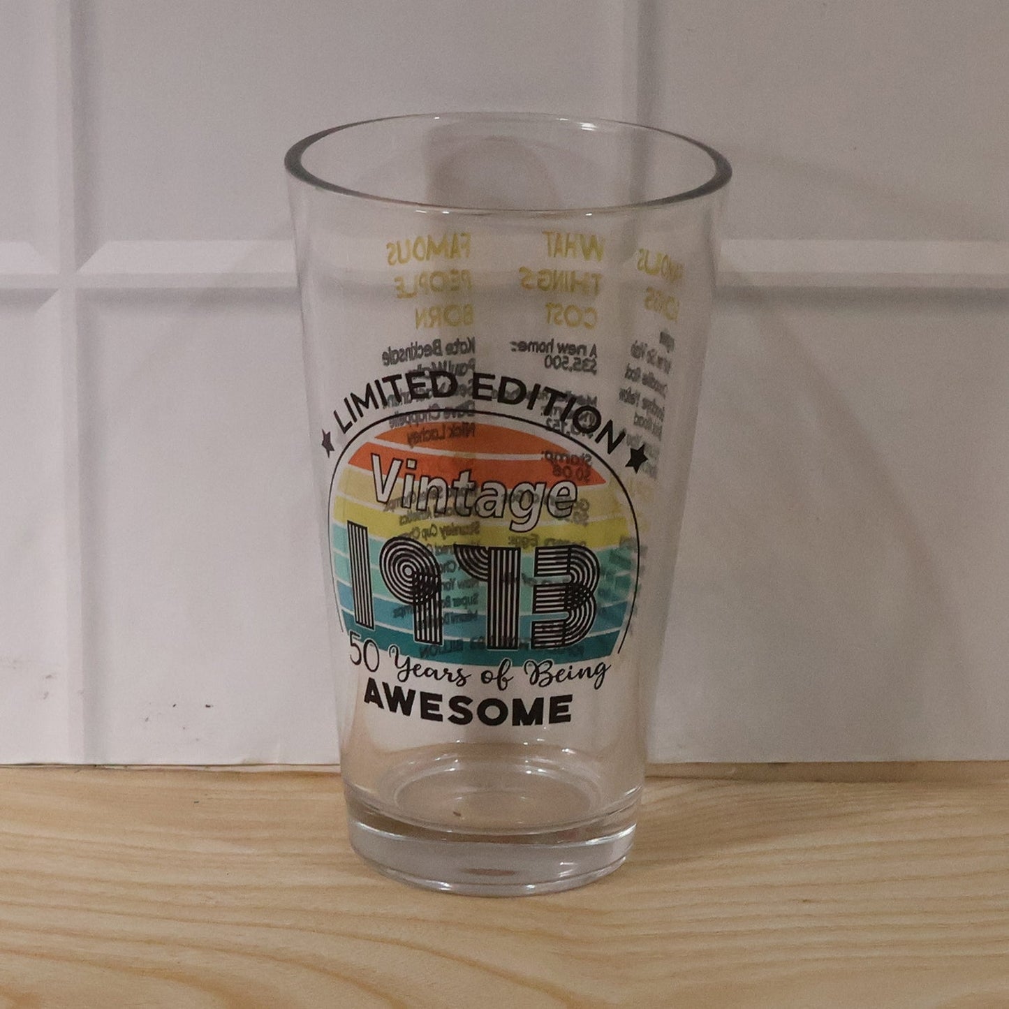 Everyday use of printed vintage trivia glass for drinks