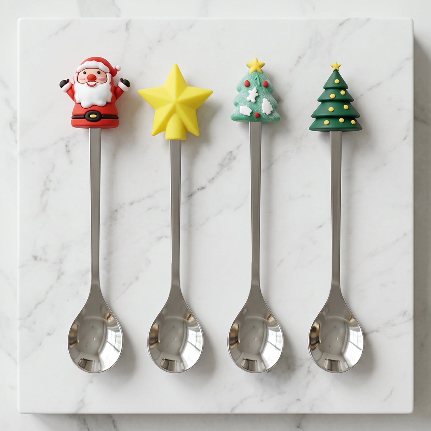 Cute cartoon stainless steel spoon set on white background