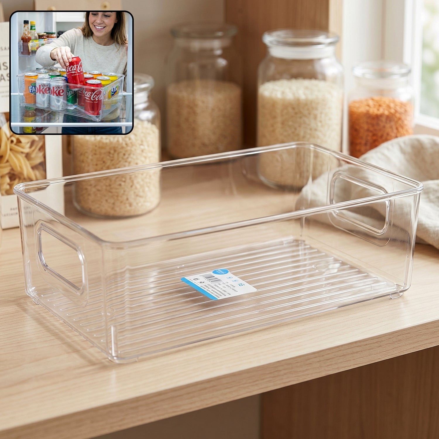 Open-top transparent fridge and pantry organizer bin