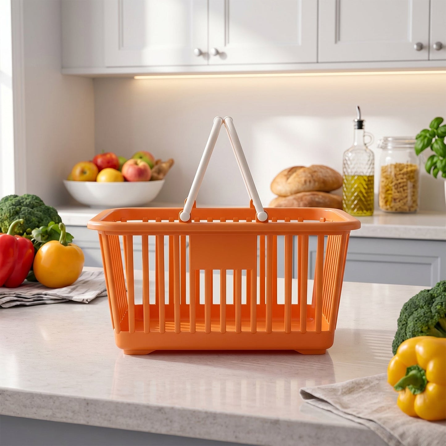 Close-up of vented sides and foldable handles of the storage basket