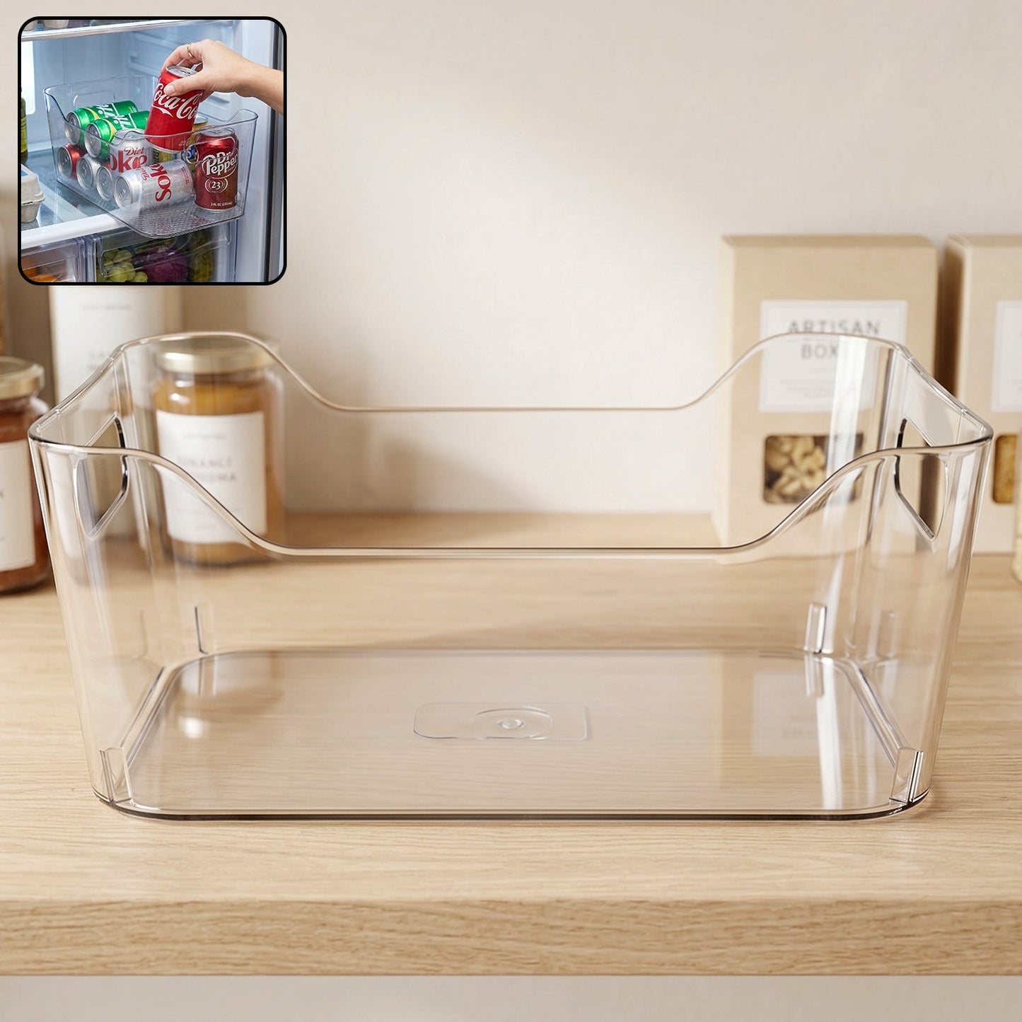 Open-top transparent fridge and pantry storage box with handles