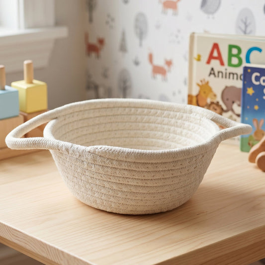 Cotton rope woven storage basket with handles, suitable for organizing small items